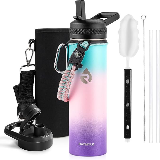 RAYMYLO Insulated Water Bottle 20 oz, Triple Wall Vacuum Stainless Steel (Cold for 24Hrs, Hot for 12Hrs), Leak Proof & Non-BPA, Kids Water Bottle Jug for School with Straw Spout Lids