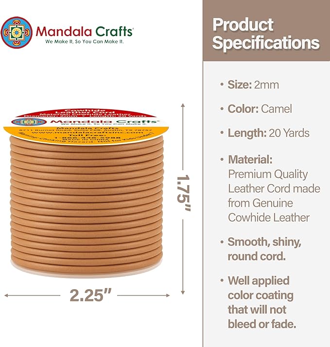 Mandala Crafts Round Genuine Camel Leather Cord for Jewelry Making – 2mm Cowhide Leather Rope String Lace for Kumihimo – 20 Yards Cowhide Craft Cording Spool