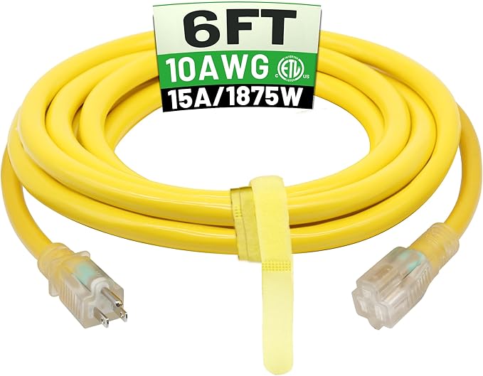 POWGRN 6 Ft 10AWG Outdoor Extension Cord Waterproof Heavy Duty 10 Gauge 3 Prong, Flexible Cold-Resistant Power Cord Indoor & Outside with Lighted Indicator End, 15Amp 1875W SJTW Yellow ETL Listed