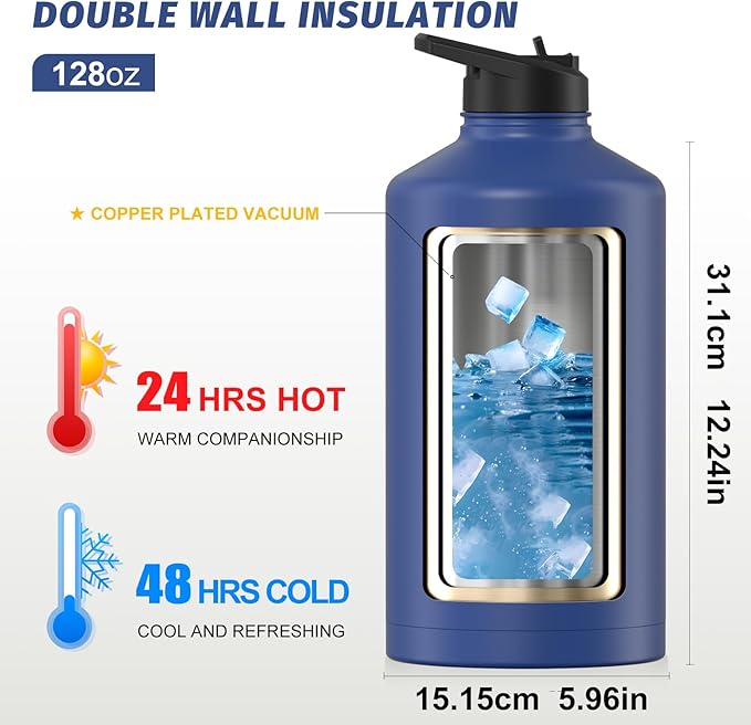 1 Gallon Water Bottle Insulated(Cold for 48 Hrs),BPA Free&Leak Proof,128oz Stainless Steel Water Jug,Large Water Bottle with Straw Spout Lids for Gym,Hiking,Camping&Travel,Deep Blue