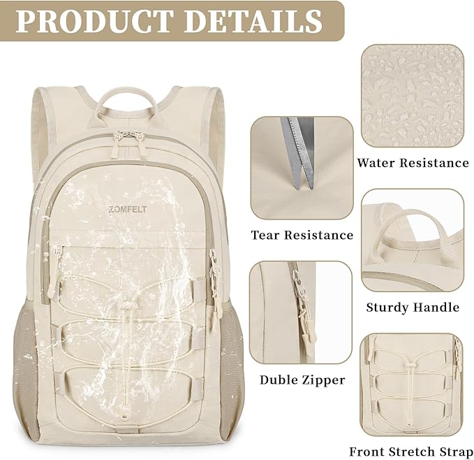 ZOMFELT Hiking Backpack for Women Men, 20L Lightweight Packable Backpacks for Trip, Water Resistant Small Travel Backpack, Foldable daypack for Hiking, Walking, Cycling, Camping, Beige