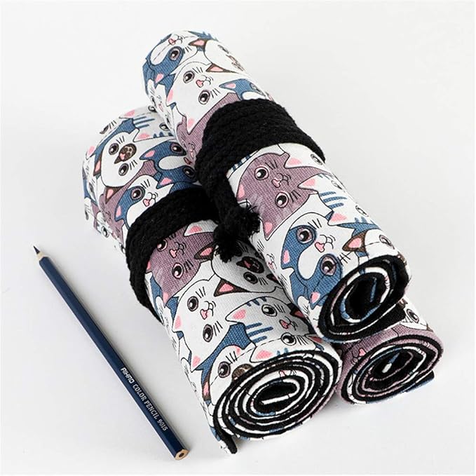 Funny live 24/36/48/72 Slots Colored Pencil Wrap Roll up Pen Holder Case Drawing Coloring Pencil Roll Organizer Stationery Case for Student Artist Traveler (Big-Head Cats, 36 Slots)