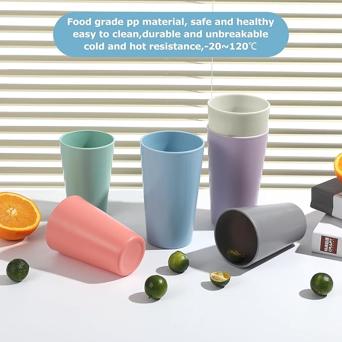 HEYCOME 24 Pcs Unbreakable Plastic Cups Set, 12 Pcs 14 oz and 12 Pcs 20 oz Reusable Plastic Cups, Stackable Water Tumblers, Drinking Cup for Kitchen, BPA-free, Dishwasher and Microwave Safe, 6 Colors