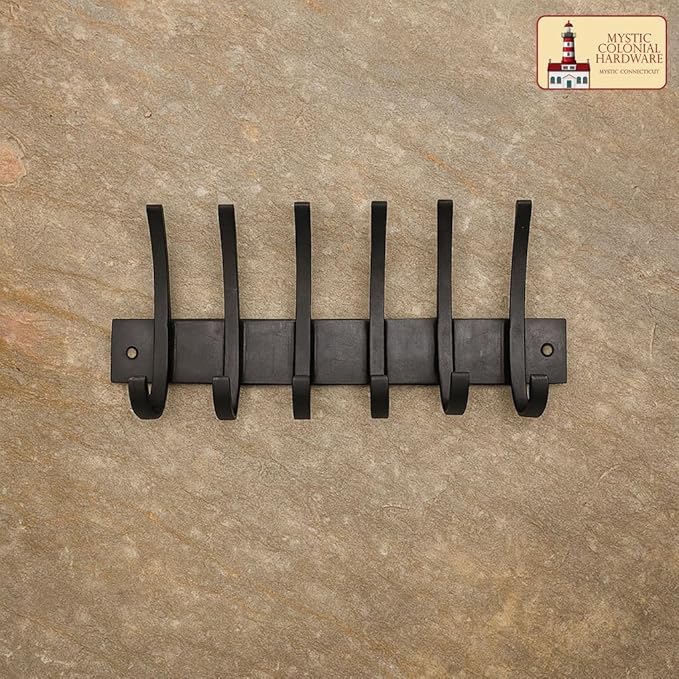Mystic Colonial Rustic Cast Iron Wall Rack with 6 Blackened Hooks � Heavy Duty Vintage Utility Hanger for Coats, Towels, Hats & Bags � Size: 32.5?cm ? 14.4?cm, Mounting Hardware Included