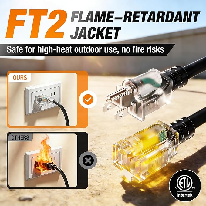 75 FT Outdoor Extension Cord Waterproof, 16/3 Gauge Heavy Duty 3 Prong Power Cord with Lighted Indicator End, 13A 125V 1625W SJTW, ETL Listed, Great for Lawn/Garden/Home(Black)
