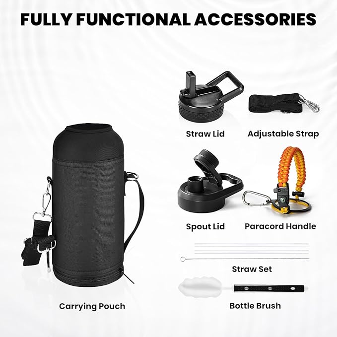 RAYMYLO Insulated Water Bottle 32 oz, Triple Wall Vacuum Stainless Steel (Cold for 24Hrs, Hot for 12Hrs), Leak Proof & Non-BPA, Modern Water Flask Jug with Paracord Handle & Straw Spout Lids
