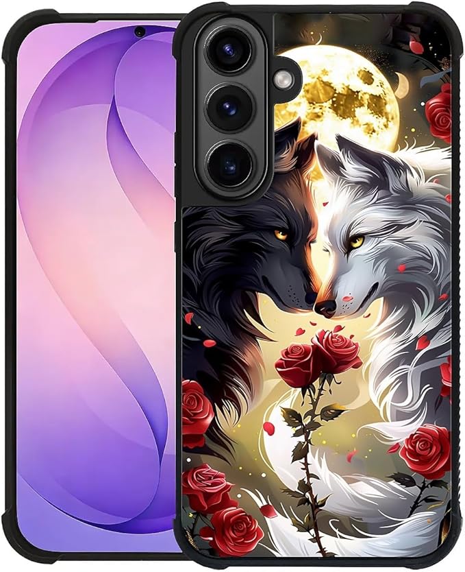 for Samsung Galaxy S26 Plus Case,Graphic Design for Girl Boy Soft Silicone Hard Acrylic Shock Protection Designed for Samsung Galaxy S26 Plus Black White Wolf Moon Flower Rose Pattern