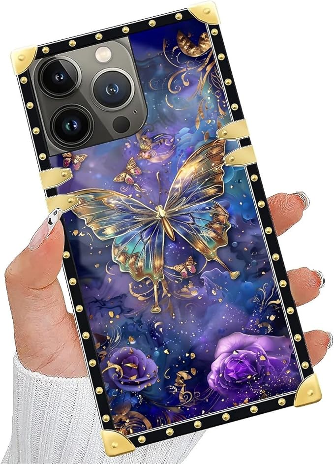 Compatible with iPhone 15 Pro Case, Glistening Golden Butterfly Vibrant Purple Blue Luxury Golden Decoration for Girl Women Soft TPU Shockproof Protective Hard PC Back
