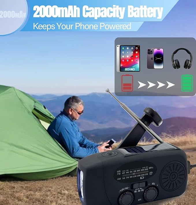 Emergency Hand Crank Weather Radio, AM/FM NOAA Portable Solar Radio with 2000mAh Battery Phone Charger, SOS Alarm & Survival Flashlight for Indoor/Outdoor, Emergency, Hurricane (Black)