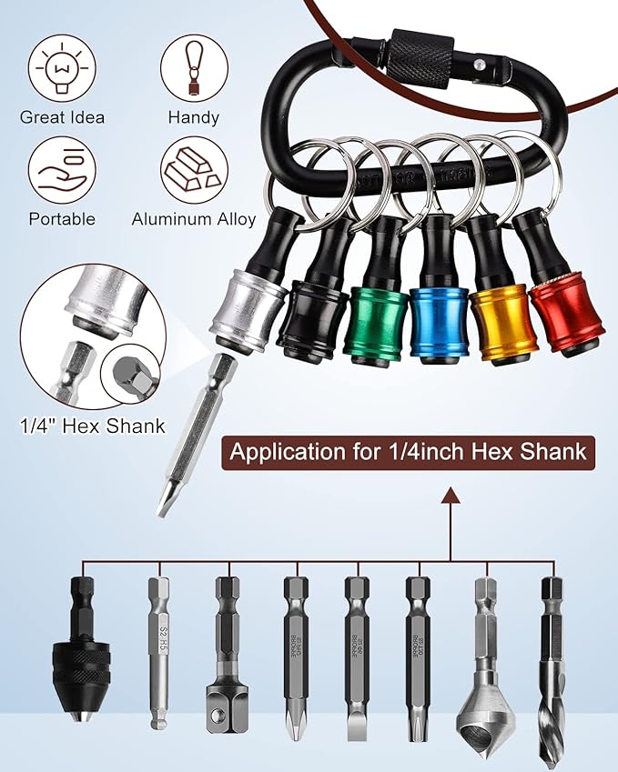 katerk 6pcs 1/4 inch Hex Shank Aluminum Alloy Screwdriver Bits Holder 4 Sets, Light-weight Quick-change Extension Bar Keychain Drill Screw Adapter Change Portable (With Black Carabiner)