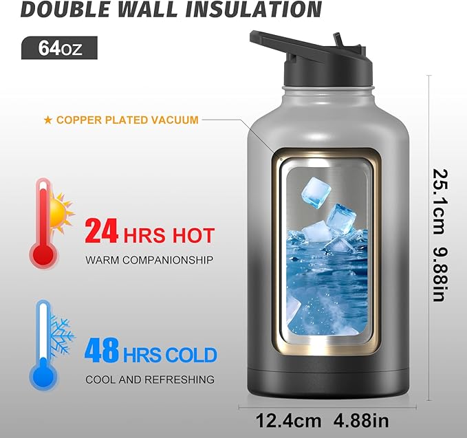 64oz Insulated Water Bottle (Cold for 48 Hrs),BPA Free&Leak Proof,Half Gallon Stainless Steel Water Flask,Water Jug with Straw Spout Lids for Gym,Hiking,Camping,Grey Black