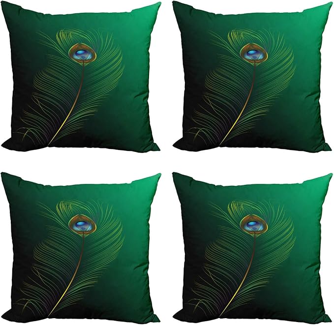 Ambesonne Peacock Decorative Throw Pillow Case Pack of 4, Peacock Feather Illustration in Simplistic Style Wild Nature Life Print, Cushion Cover for Couch Living Room Car, 24", Green Blue