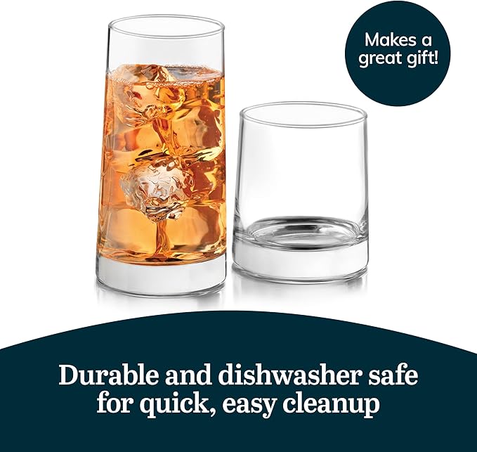 Libbey Cabos 16-Piece Rocks and Tumbler Glasses Set, Angled Glass Cups Set for Water, Juices, and More, Dishwasher-Safe Modern Glassware
