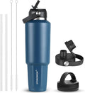 HYDROWION 40 oz Insulated Water Bottle, Car Water Bottle Holder - Double Wall Vacuum Insulated Travel Bottle with Straw Lid, Spout Lid and Flex Cap - Cold for 24H, Hot for 12H, Cobalt