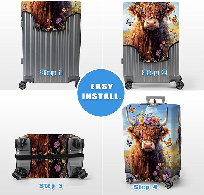 Luggage Cover Protector for 30-32 Inch Suitcases, TSA Approved Elastic Travel Suitcase Covers, Anti-Scratch Washable Luggage Sleeve for Carry On & Checked Bags, Cute Highland Cow