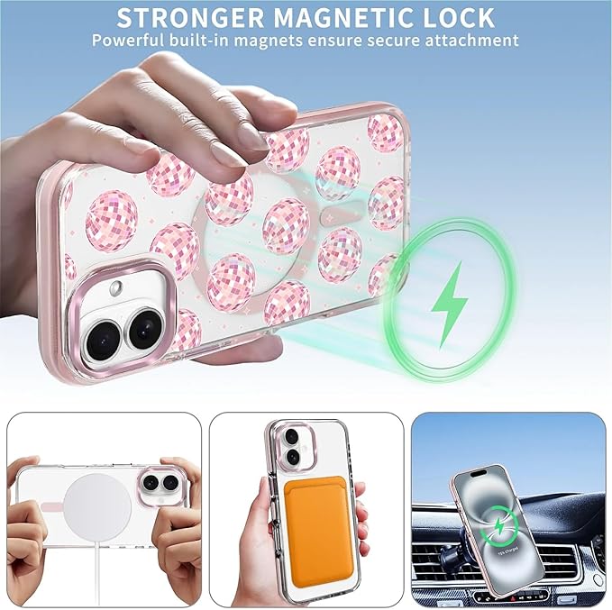 Case for iPhone 16,[Compatible with MagSafe],Disco Balls Pink Phone Case Design，for Women Girls Magnetic Clear Cover - Slim, Sleek, & Shockproof Protection