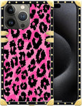 Compatible with iPhone 16 Pro Case, Pink Black Leopard Luxury Golden Decoration for Girl Women Soft TPU Shockproof Protective Hard PC Back