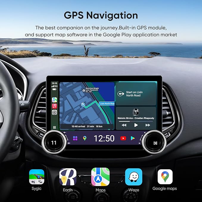 Car Stereo Radio for Jeep Compass 2017-2020 Wireless CarPlay Android Auto GPS Navigation Head Unit Touch Screen Radio Replacement Installation Kit Upgrade (Double Knobs 6+128)