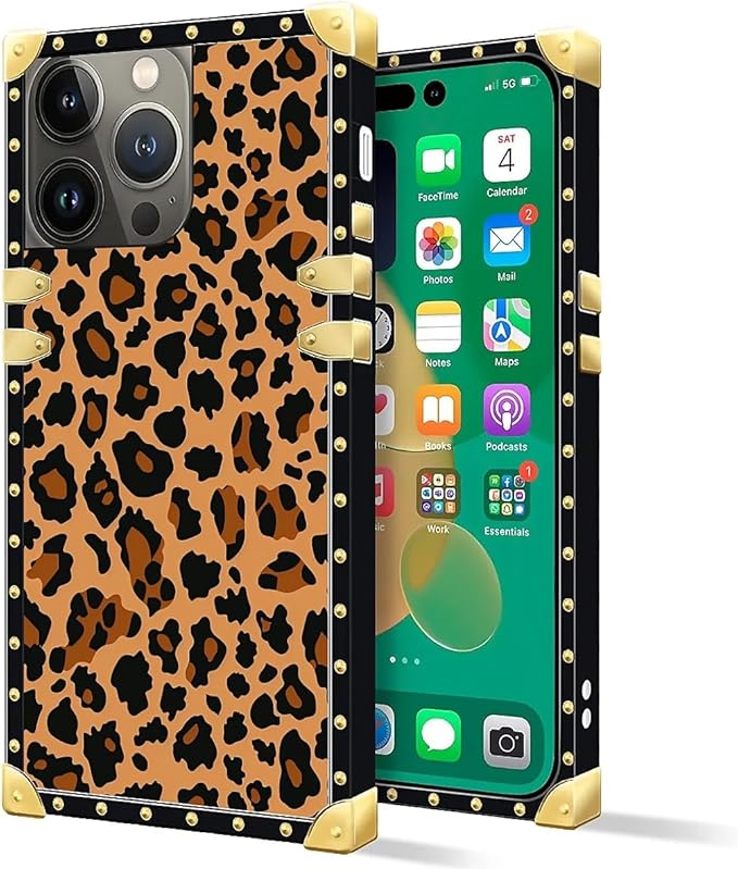 Compatible with iPhone 14 Pro Max Case, Brown Leopard Texture Luxury Golden Decoration for Girl Women Soft TPU Shockproof Protective Hard PC Back for iPhone 14 Pro Max