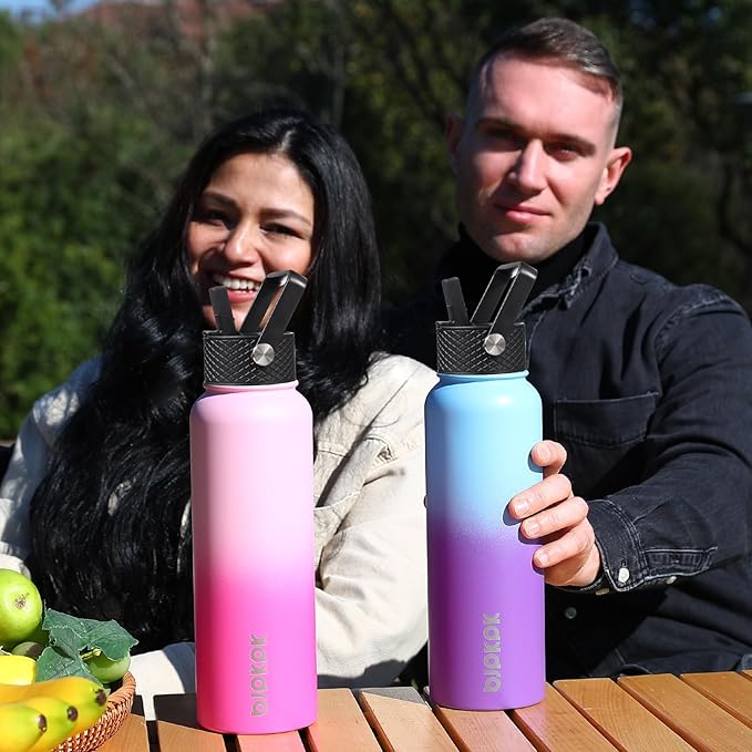 BJPKPK 2 Pack Insulated Water Bottles with Straw Lids, 40oz Stainless Steel Metal Water Bottle with 6 Lids, Leak Proof BPA Free Jugs, Cups, Flasks for Travel, Sports (Lavender Green+Black)