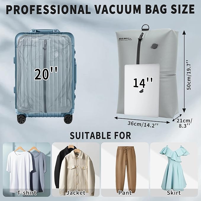 Reusable Vacuum Bags for Travel With Pump,Professional Waterproof IPX8 Zipper Vacuum Compression Bag for Suitcases Backpack,Space Saver Bags Packing Organizers forClothingPacking(2 Pack,Neutral Gray)