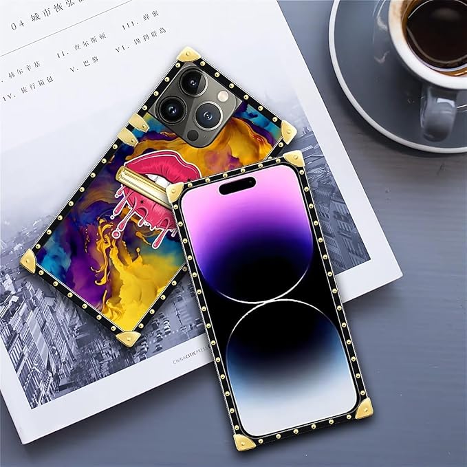 Compatible with iPhone 14 Pro Max Case, Cool Corlorful Lip Marble Luxury Golden Decoration for Girl Women Soft TPU Shockproof Protective Hard PC Back for iPhone 14 Pro Max
