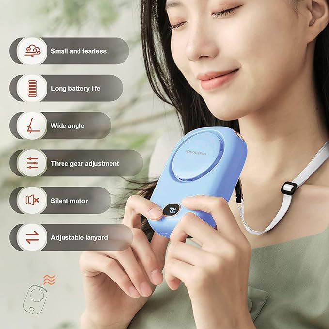 AOCOOLFAN Portable Neck Fan, Mini Small Personal Handheld Fan USB Rechargeable 3 Speed for Girls Boys Woman Eyelash Travel Home Office Outdoor (light blue)