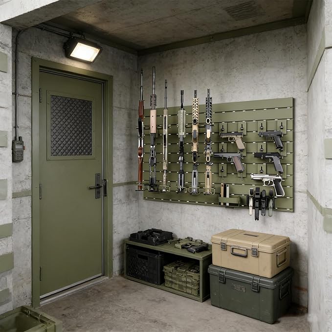Wall Rack System - Heavy-Duty Aluminium Tactical Storage for Rifles, Carbines, Shotguns & Handguns, Modular Slatwall Organizer Holds up to 3 Rifles, 7 Pistols & 4 Mags