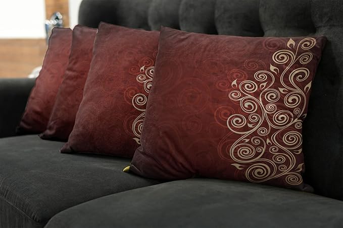 Ambesonne Burgundy Throw Pillow Cushion Case Pack of 4, Floral Swirls Ivy Image Ombre Details Grunge Backdrop Flower Artwork, Modern Accent Double-Sided Digital Printing, 18", Cream Ruby