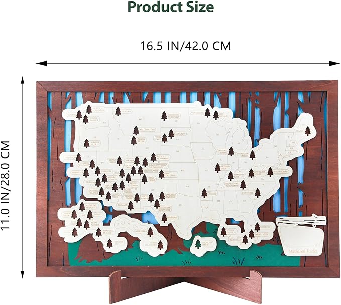 Wooden US National Parks Map Travel Tracker – 3-Layer Framed Wall Art with 70 Tree Pins, Stand, Marker & Gift Box – National Park Checklist Map, Holiday and Educational Geography Gift for Adventurers, Families & Outdoor Lovers, Perfect for RV, Home & H...