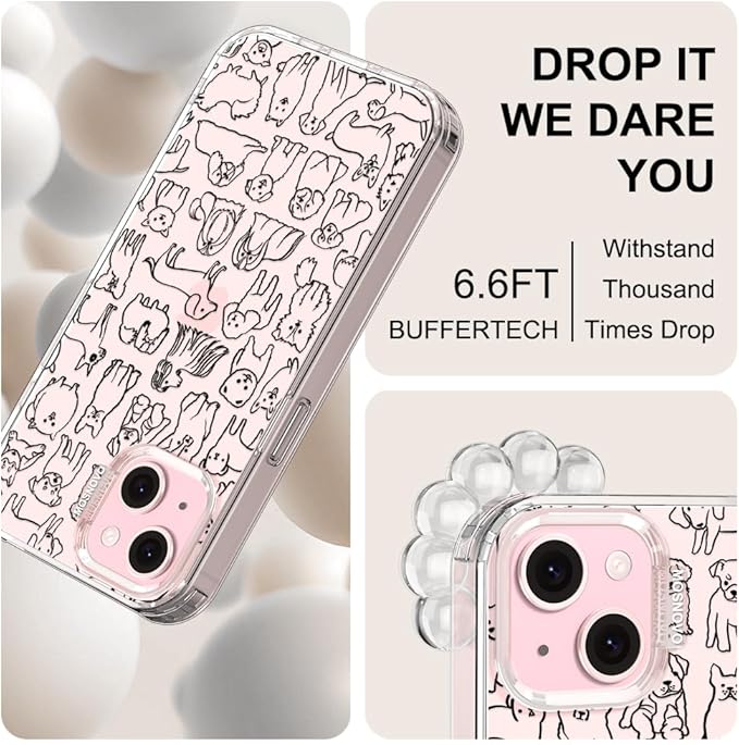 MOSNOVO Case for iPhone 15, [Buffertech 6.6ft Military-Grade Drop Protection] [Anti Peel Off Tech] Clear TPU Bumper Phone Case Cover Design - Doodle Dog