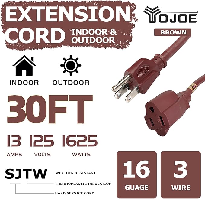 YOJOE Indoor Outdoor Extension Cord, 3 Prong 13A Weatherproof Power Cord, 16 Gauge Heavy Duty 30 ft Brown Extension Cord for Garage, Garden and Home, 16/3 SJTW UL Listed
