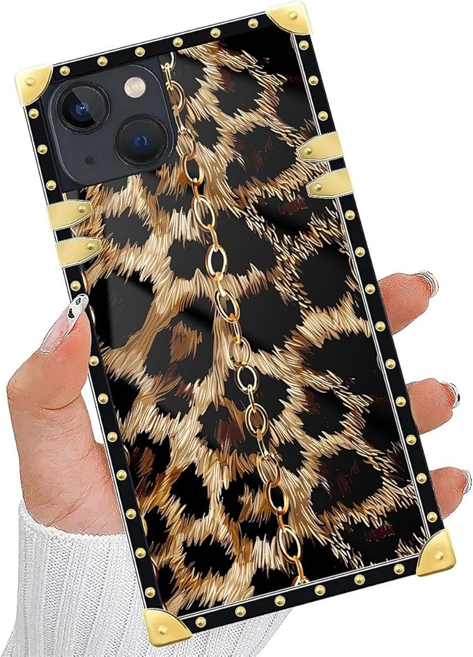 Compatible with iPhone 15 Case, Seamless Gold Chain Leopard Luxury Golden Decoration for Girl Women Soft TPU Shockproof Protective Hard PC Back for iPhone 15