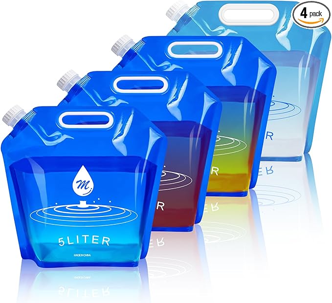 SOCATER Water Container Bags, 4 Packs BPA Free No-Leak Foldable Plastic 1.3 Gallon Water Container Bag for Camping Hiking Backpack Emergency Storage Jug