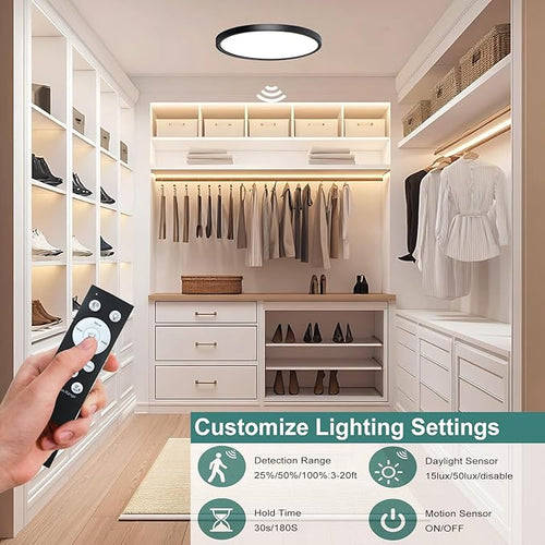 12 Inch Motion Sensor Ceiling Light Indoor,Motion Sensor Fixture Indoor for Closet Hallway Laundry Porch Pantry, Dimmable Ceiling Lights 3000k/4000k/6000k Black