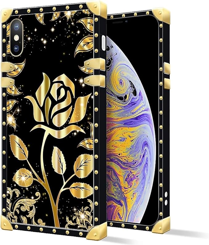 Compatible with iPhone XR Case, Shine Gold Rose Luxury Golden Decoration for Girl Women Soft TPU Shockproof Protective Hard PC Back for iPhone XR