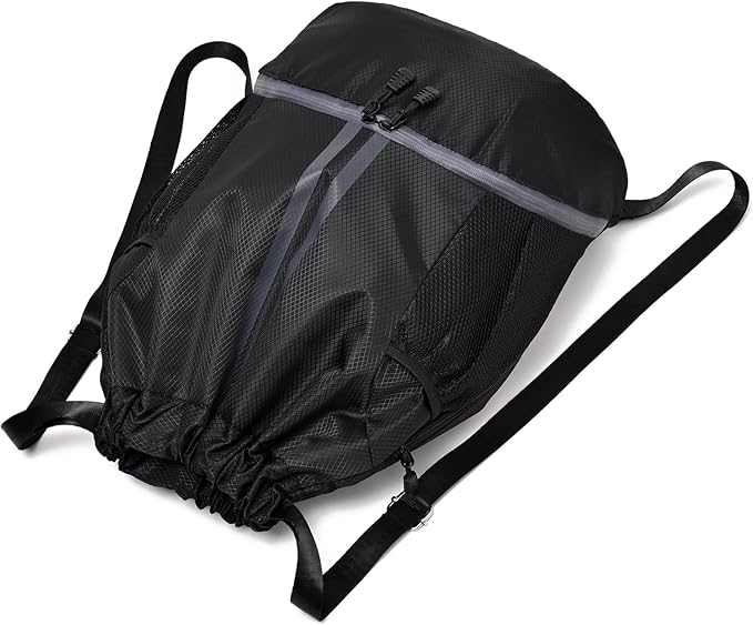 LOKAPEGY Drawstring Gym Bag for Men, Waterproof Drawstring Backpack for Women, Swim with Shoes Compartment, Pull String Sport Bag for Soccer and Basketball. (Grey)