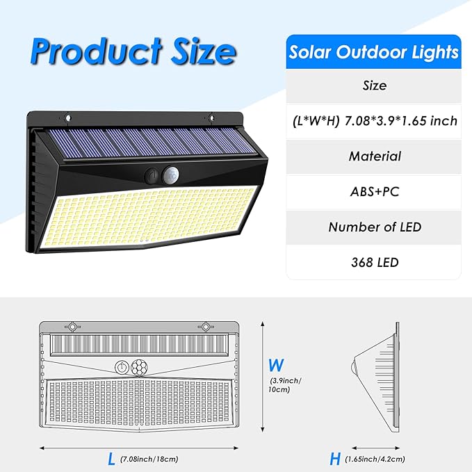 3 Pack 368 LED Solar Lights Outdoor Motion Sensor, Solar Fence Light with 3 Lighting Modes, Solar Powered Security Lights Waterproof for Outside Yard Wall Garden Backyard