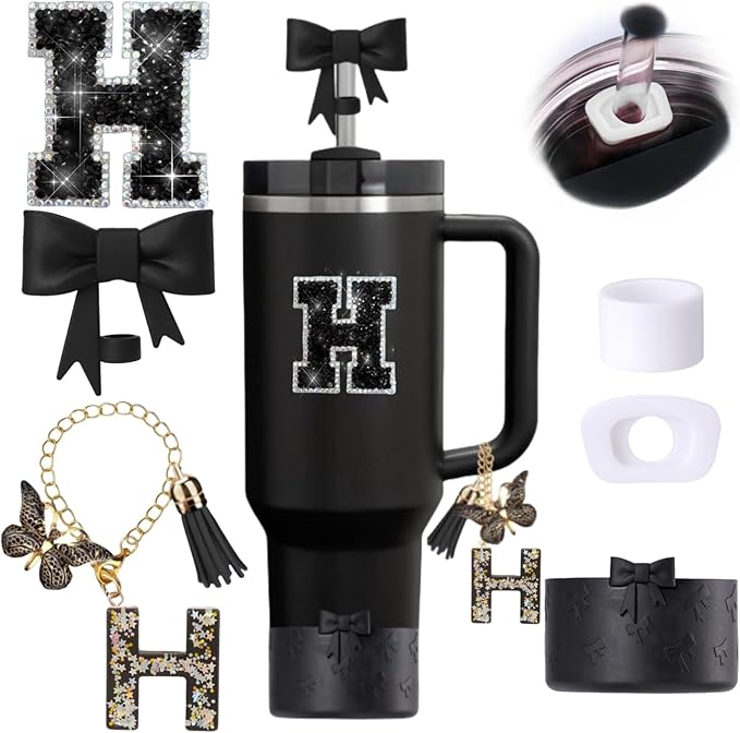 6pcs Black Stanley Cup Accessories Set, Bow Straw Topper for Stanley Cup 30oz 40oz, Including Straw Topper and Bow Silicone Boot, Stoppers Spill Proof, Handle Charm, Initials Sticker