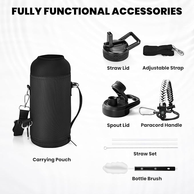 RAYMYLO Insulated Water Bottle 32 oz, Triple Wall Vacuum Stainless Steel (Cold for 24Hrs, Hot for 12Hrs), Leak Proof & Non-BPA, Modern Water Flask Jug with Paracord Handle & Straw Spout Lids
