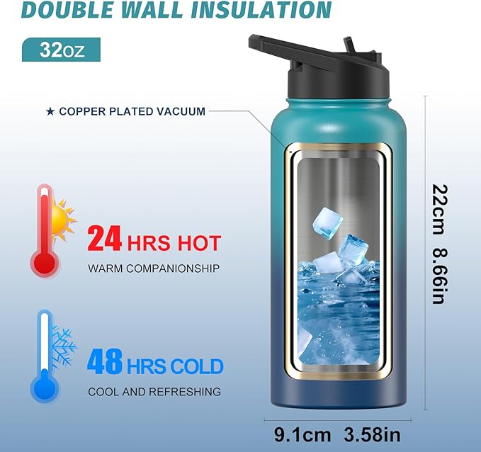 32oz Insulated Water Bottle (Cold for 48 Hrs),BPA Free&Leak Proof,Stainless Steel Water Flask,Water Jug with Straw Spout Lids for Gym,Hiking,Travel,Black Blue