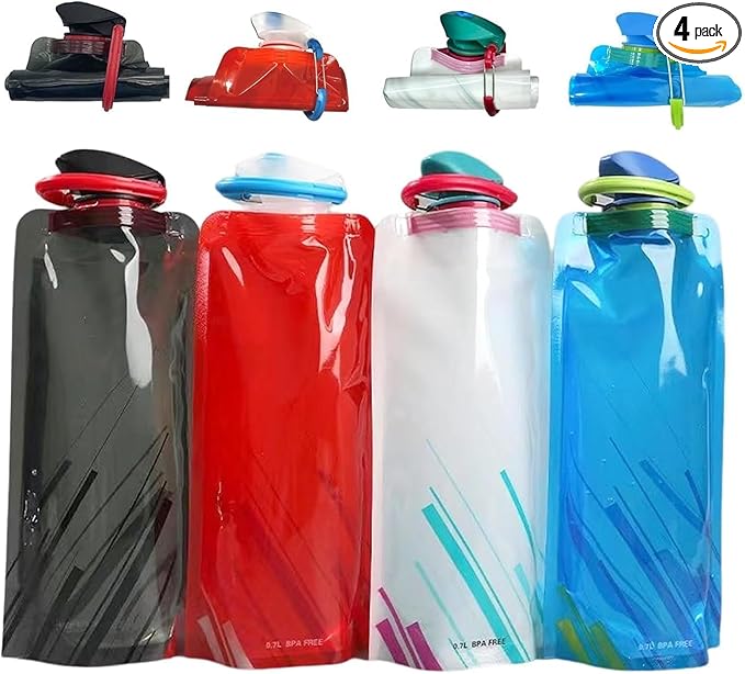 4 Pack Collapsible Water Bottles for Travel – 24oz Foldable Water Bottle with Leakproof Lid, Food-Grade Silicone Portable Reusable BPA-Free Water Bottle for Hiking,Sports,Camping,Biking