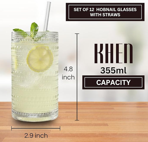 12-Piece Hobnail Drinking Glasses Set, 12 oz Large Vintage Highball Glassware with Straws, Heavy Textured Beaded Tall Tumblers for Water, Juice, Soda & Cocktails, Clear Retro Barware, Dishwasher Safe