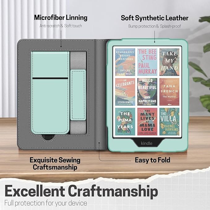 TNP Stand Case for Kindle Paperwhite 12th Generation 2024 / Kindle Colorsoft Signature Edition with Hand Strap & Card Slot - 7" PU Leather Protective Folio Cover with Auto Wake/Sleep, Agave Green