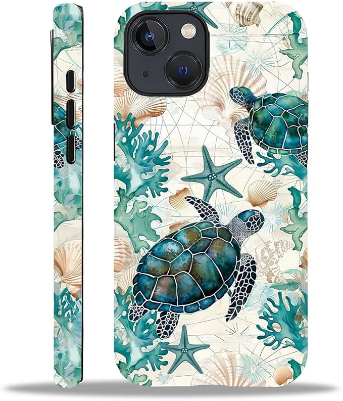 for iPhone 15 Plus Case,HH2 Ocean Sea Turtle Nautical Map Hybrid 2 Layer Hard Shell Silicone Protective Pattern Design Case