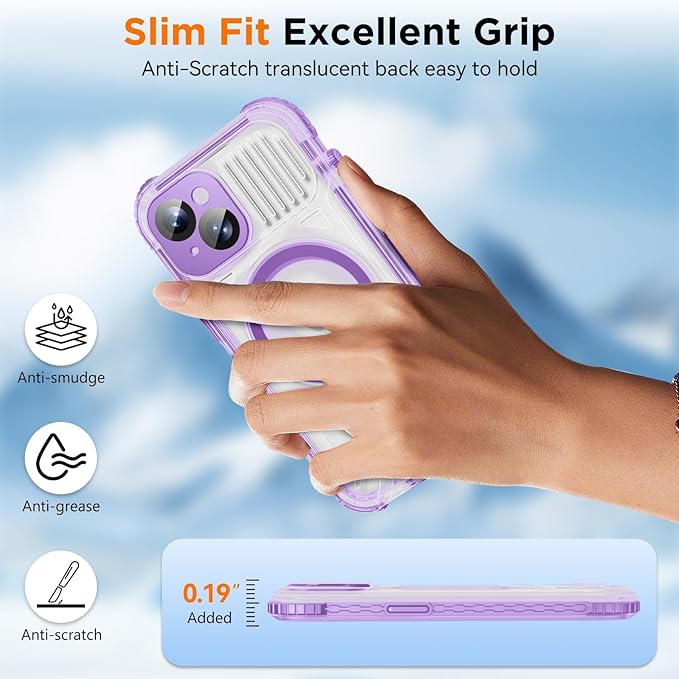 WIFORT for iPhone 15 Waterproof Case, [IP68 Underwater Dustproof][Built-in Screen][15FT Military Shockproof], 360 Full Body Sealed Protection Cover Magnetic Frosted Phone Case, 6.1" Purple