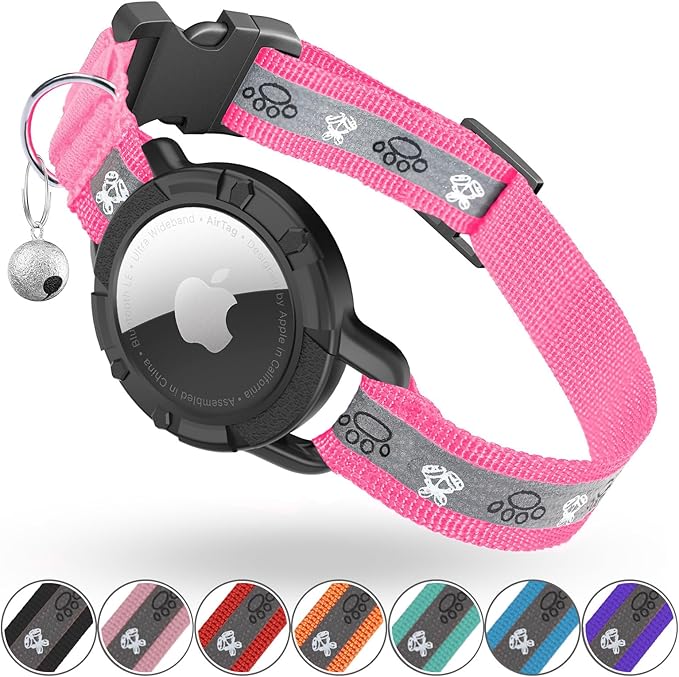 Reflective AirTag Cat Collar, Integrated Cat Tracker Collar with Air Tag Holder and Bell, Safety Elastic Band Cat GPS Collars for Girl Boy Cats, Kittens and Puppies (Hotpink,S)