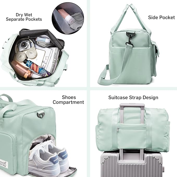 Suruid Travel Duffel Bag with Shoes Compartment Sports Gym Bag with Dry Wet Separated Pocket for Men and Women, Overnight Bag Weekender Bag Training Handbag Yoga Bag - Light Green