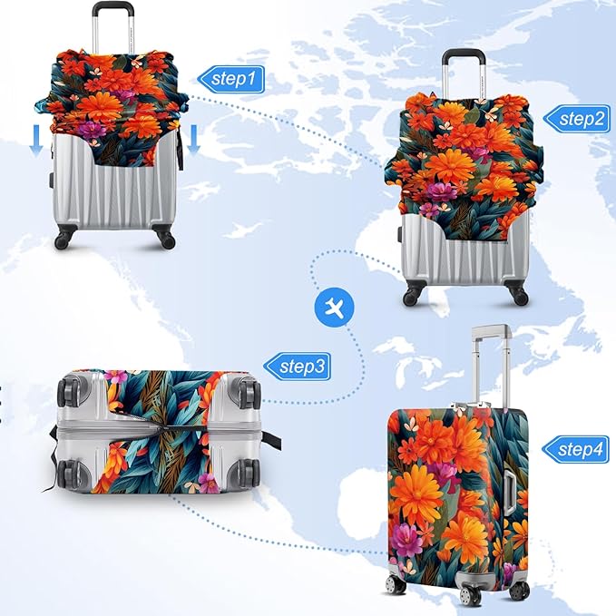 ANNA QUEEN Boho Floral Luggage Cover,Spring Orange Flower Pattern Suitcase Protector,Stretchable,Washable & Water Resistant, Universal Fit for 20-22 Inch Checked Baggage