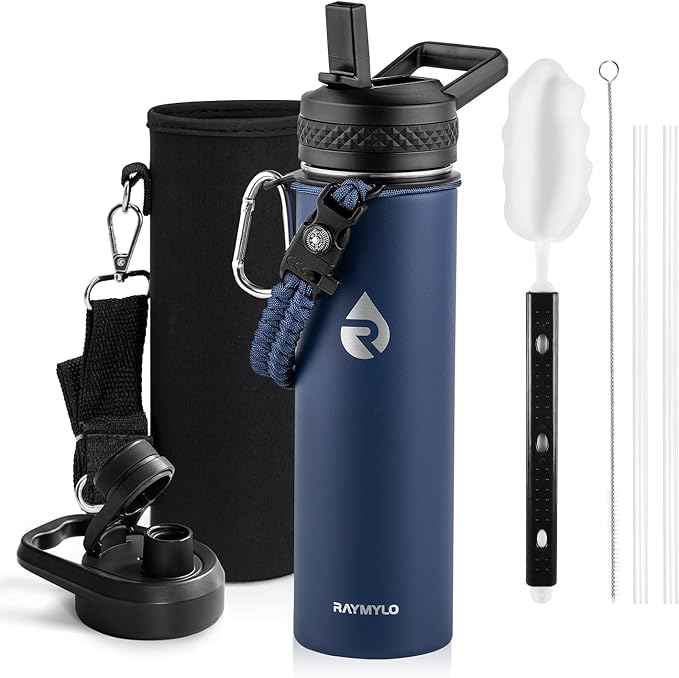 RAYMYLO Insulated Water Bottle 20 oz, Triple Wall Vacuum Stainless Steel (Cold for 24Hrs, Hot for 12Hrs), Leak Proof & Non-BPA, Kids Water Bottle Jug for School with Straw Spout Lids
